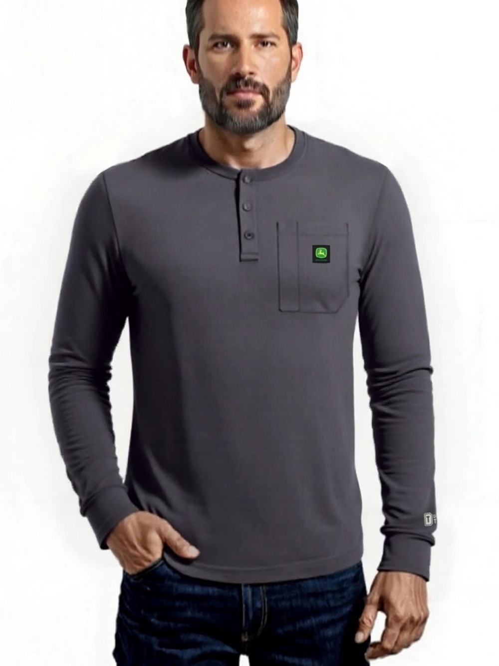John Deere Charcoal Long-Sleeve Henley with Chest Pocket